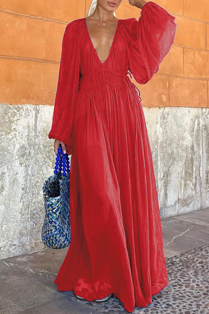 Deep V-Neck Lantern Sleeve Drawstring Waist Pleated Sheer Maxi Dress
