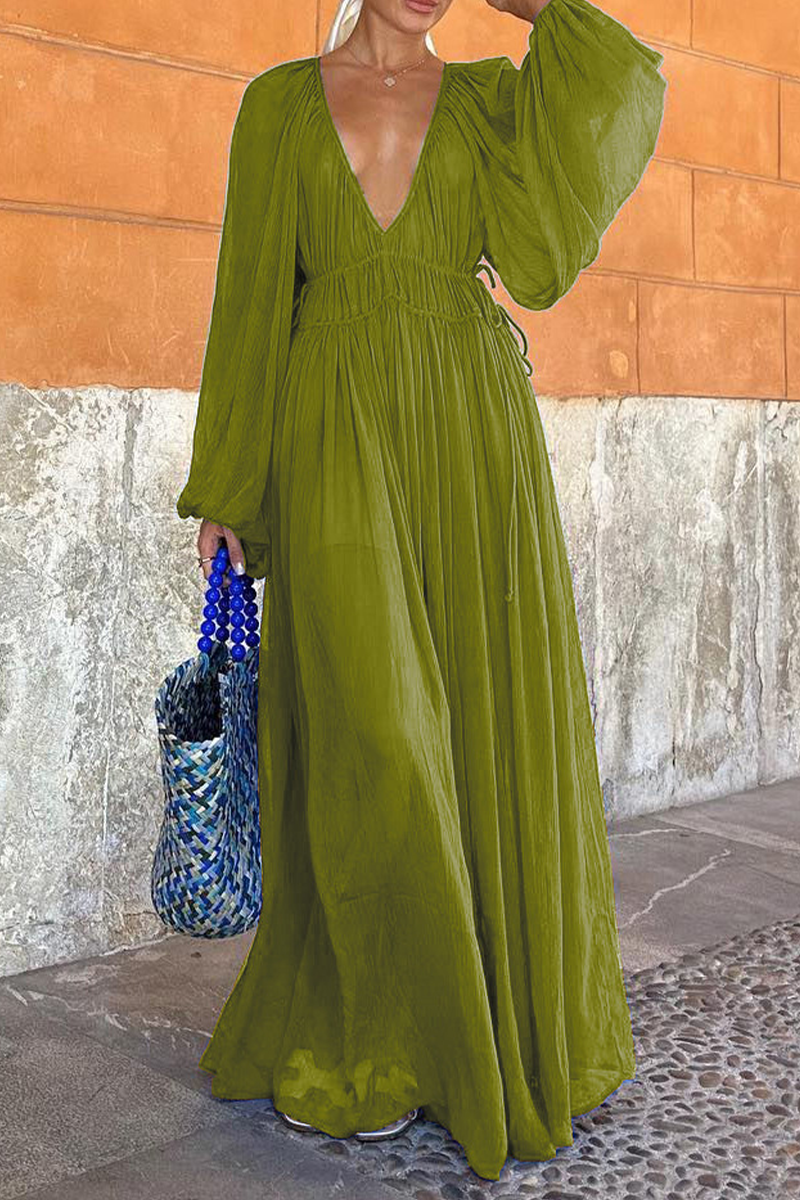 Deep V-Neck Lantern Sleeve Drawstring Waist Pleated Sheer Maxi Dress