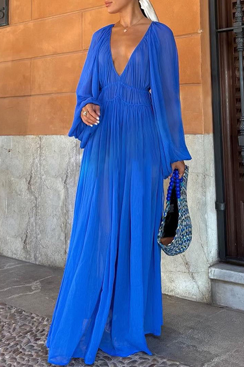 Deep V-Neck Lantern Sleeve Drawstring Waist Pleated Sheer Maxi Dress