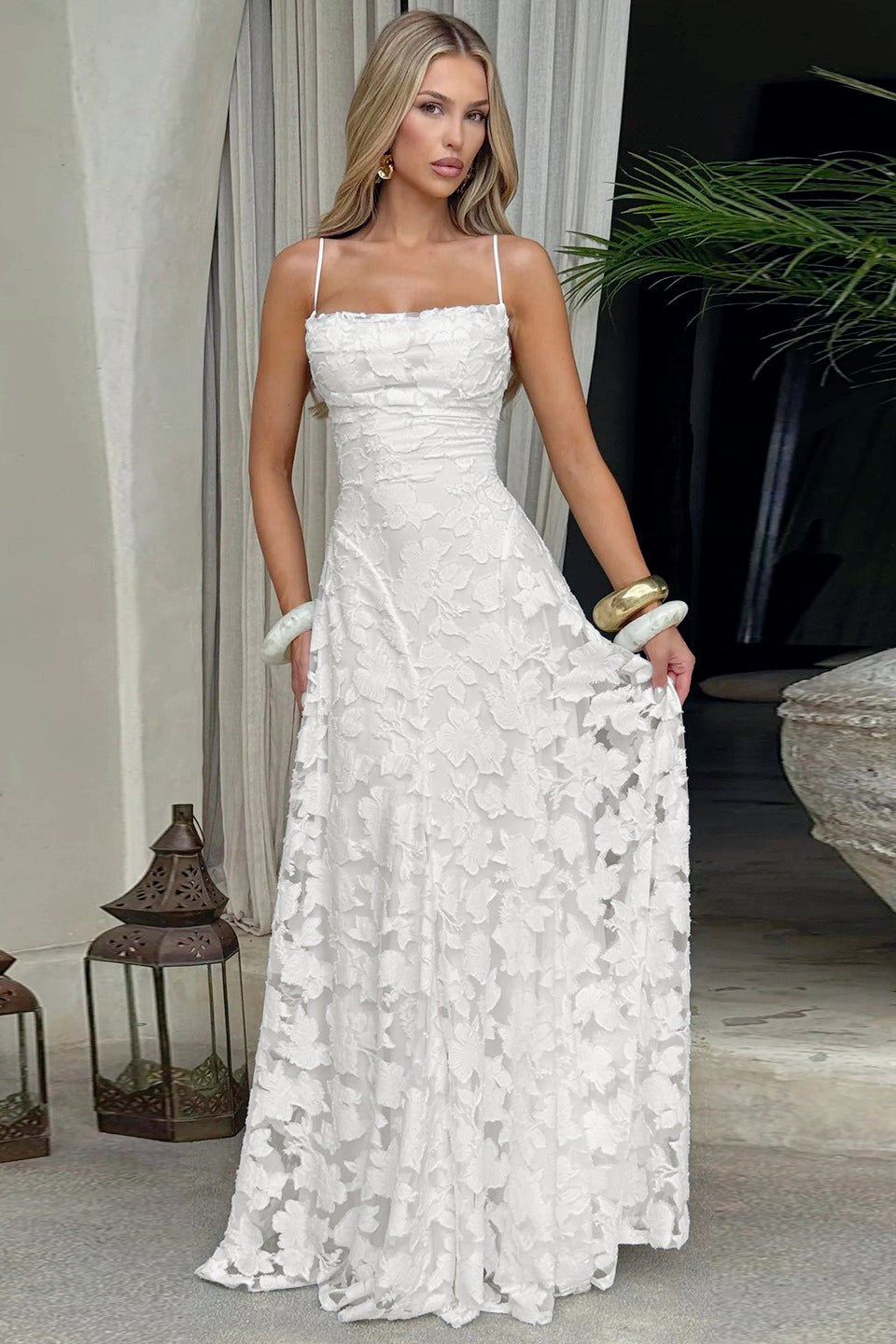 Floral Lace Spaghetti Strap Tie Back A-Line Maxi Dress - View 2