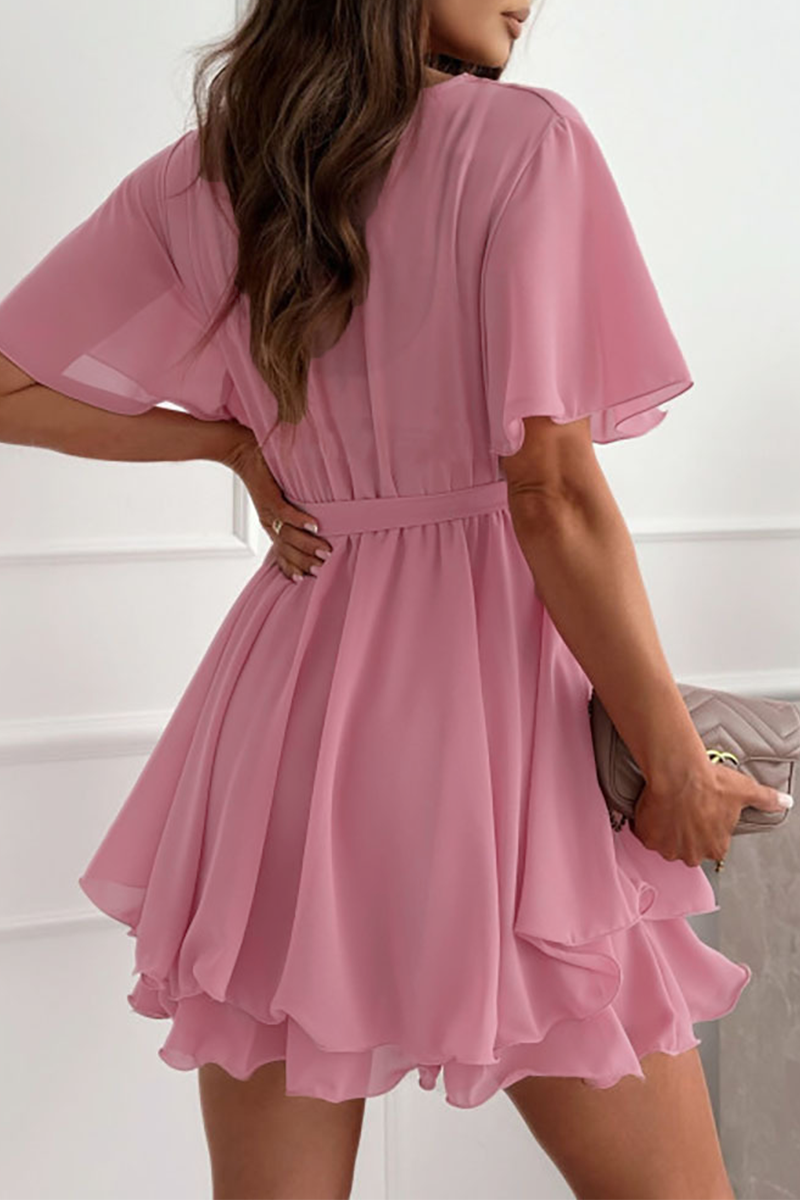 Chiffon Wrap Front V-Neck Flutter Sleeve Tie Waist Ruffle Hem Mini Dress