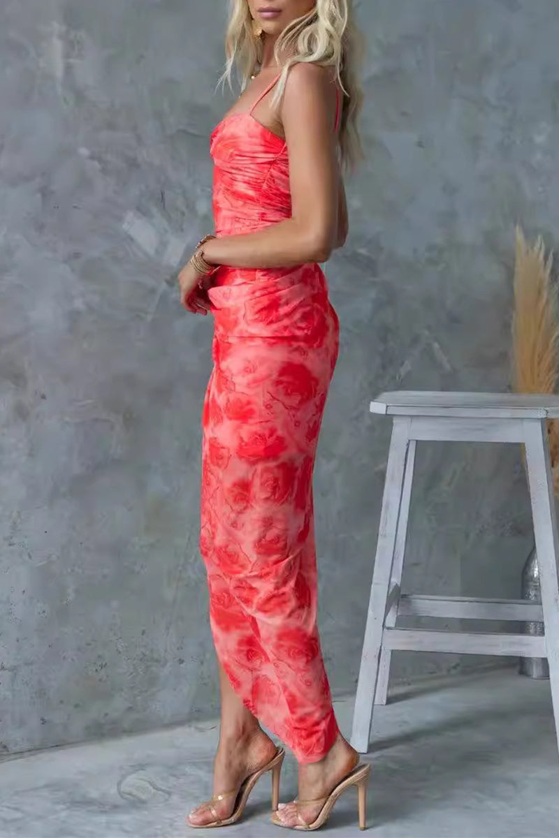 Floral Spaghetti Strap Twist Front Ruched High Split Maxi Dress