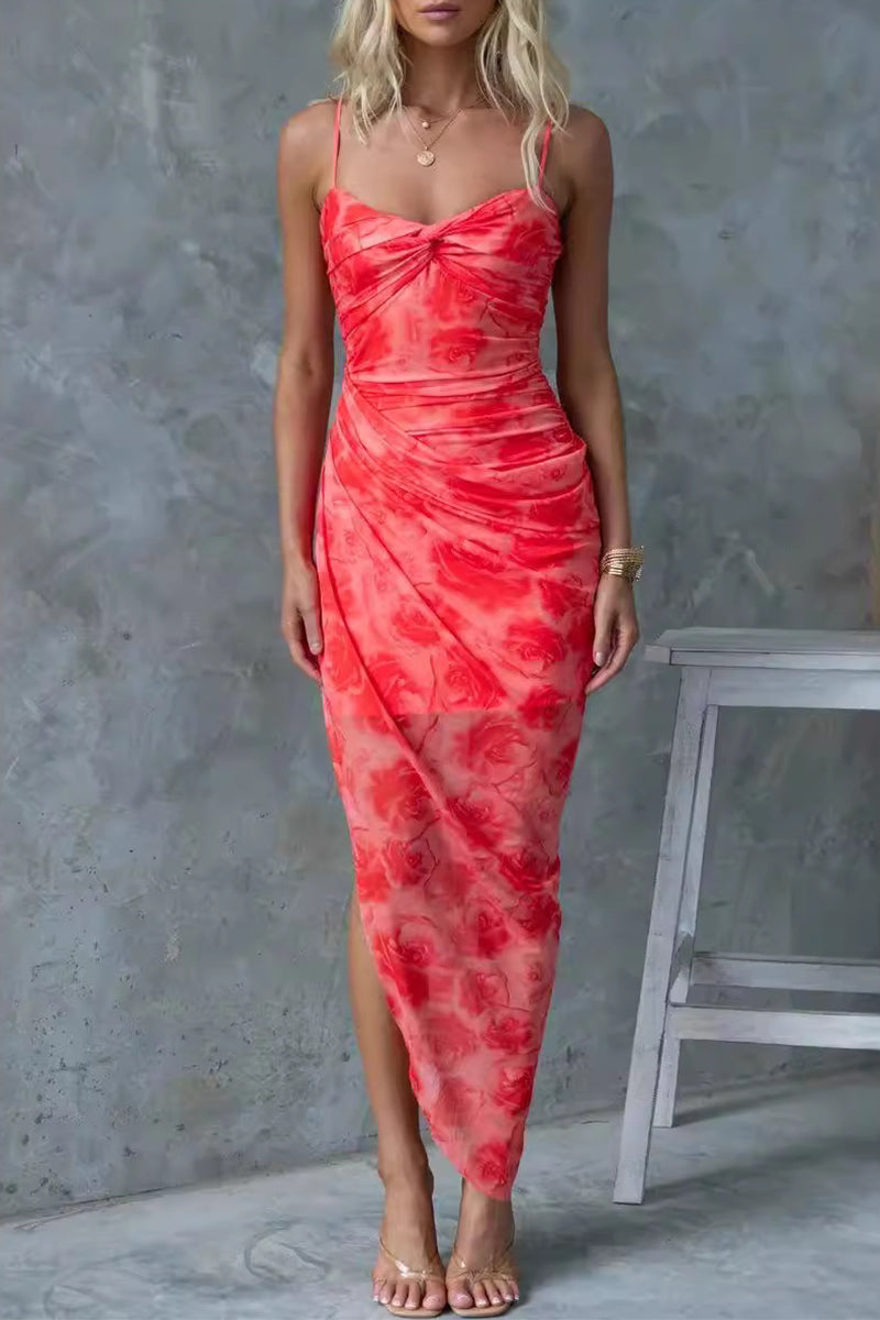 Floral Spaghetti Strap Twist Front Ruched High Split Maxi Dress