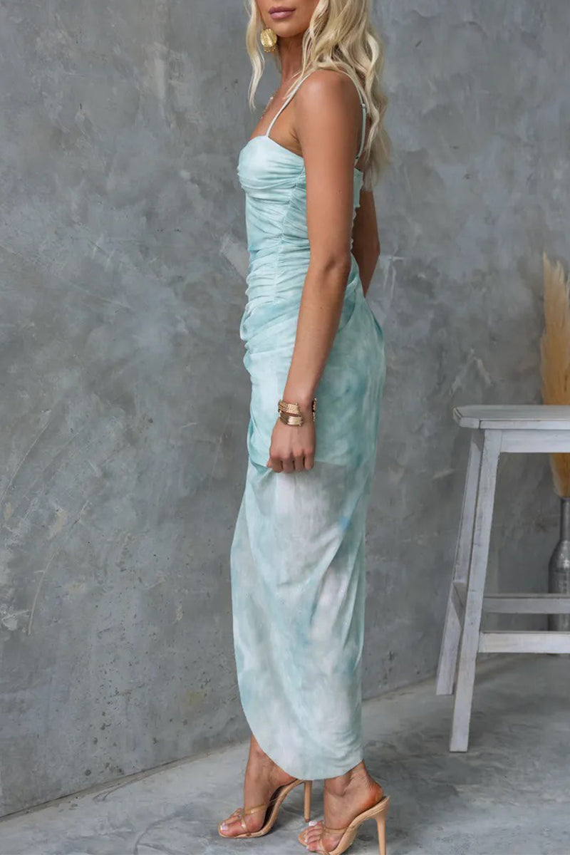 Floral Spaghetti Strap Twist Front Ruched High Split Maxi Dress