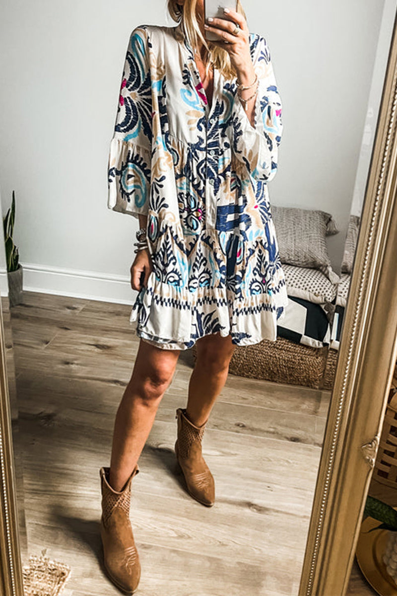 Yasmin Chic Casual Daily National Totem Print Patchwork Ruffles V Neck a Line Dresses Elevated Occasion Wear