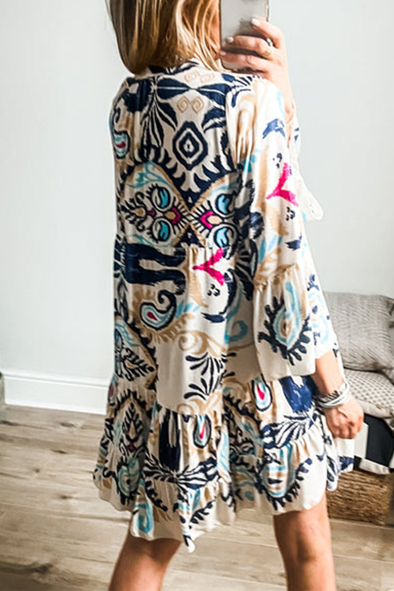 Paisley Print V-Neck Button Front Bell Sleeve Tiered Babydoll Mini Dress