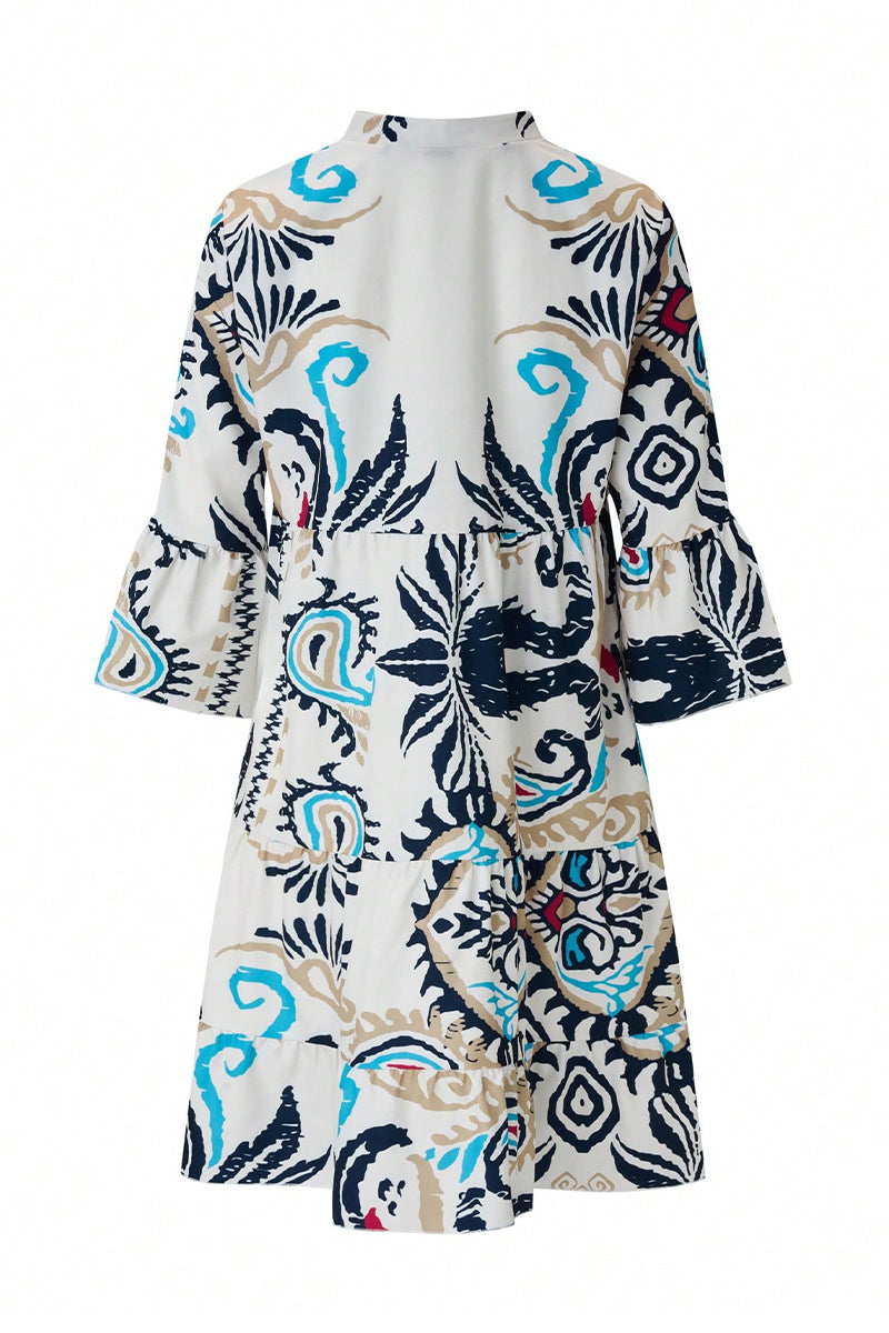 Yasmin Chic Casual Daily National Totem Print Patchwork Ruffles V Neck a Line Dresses Elevated Occasion Wear