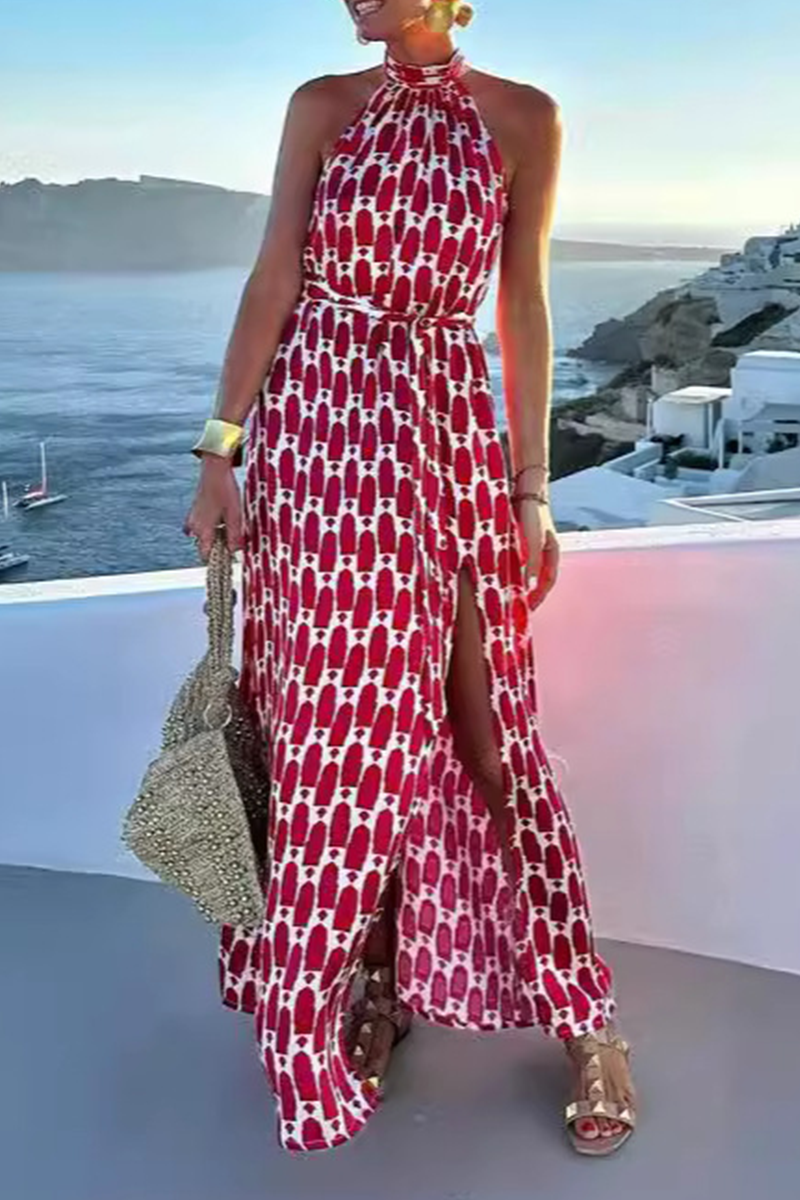 Pink Aesthetic Geometric Print Sleeveless Dresses with Slit and Halter Neck Premium Wardrobe Essential