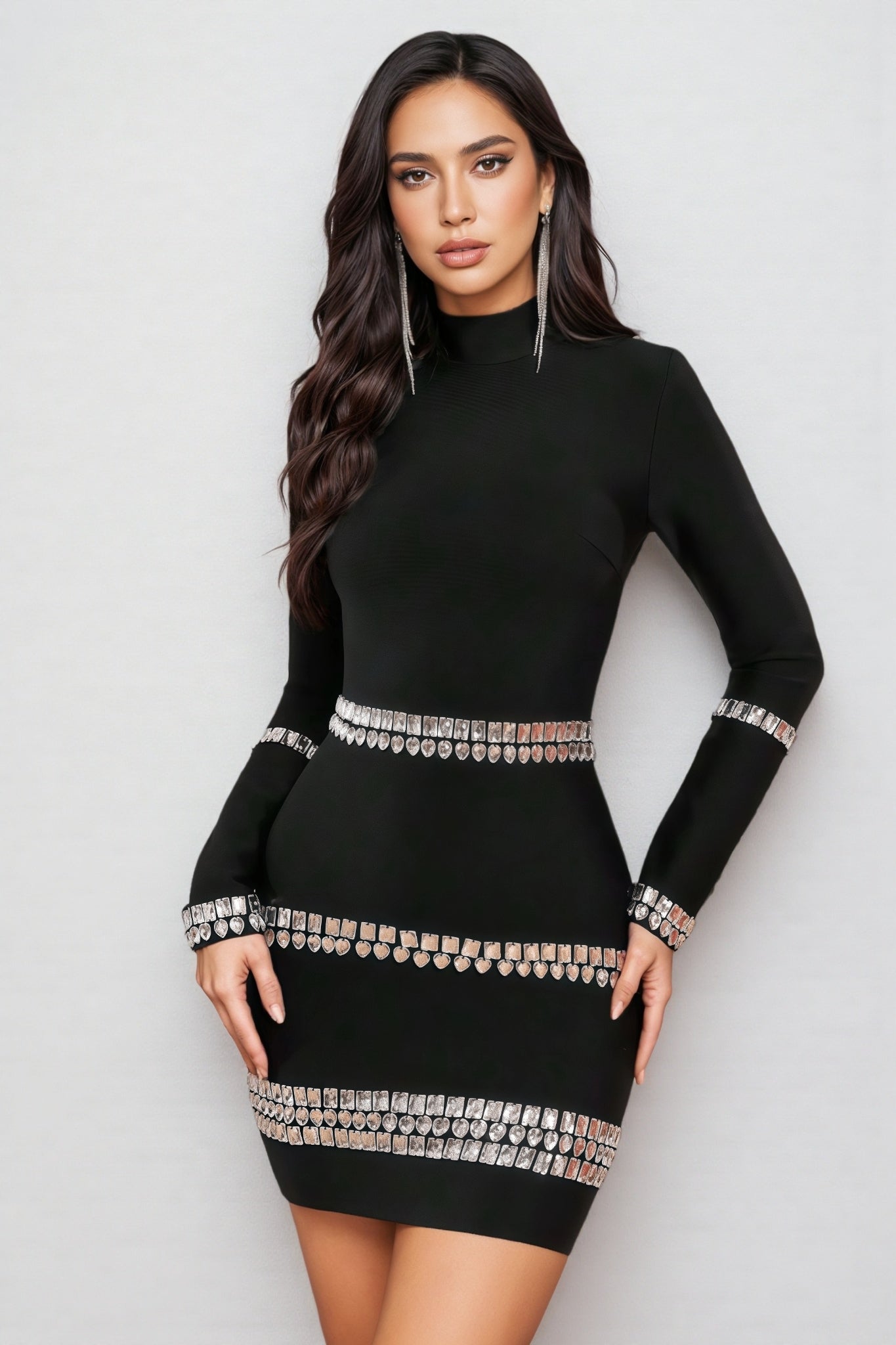 Rhinestone Belt Band Long Sleeve Mock Neck Bandage Mini Dress