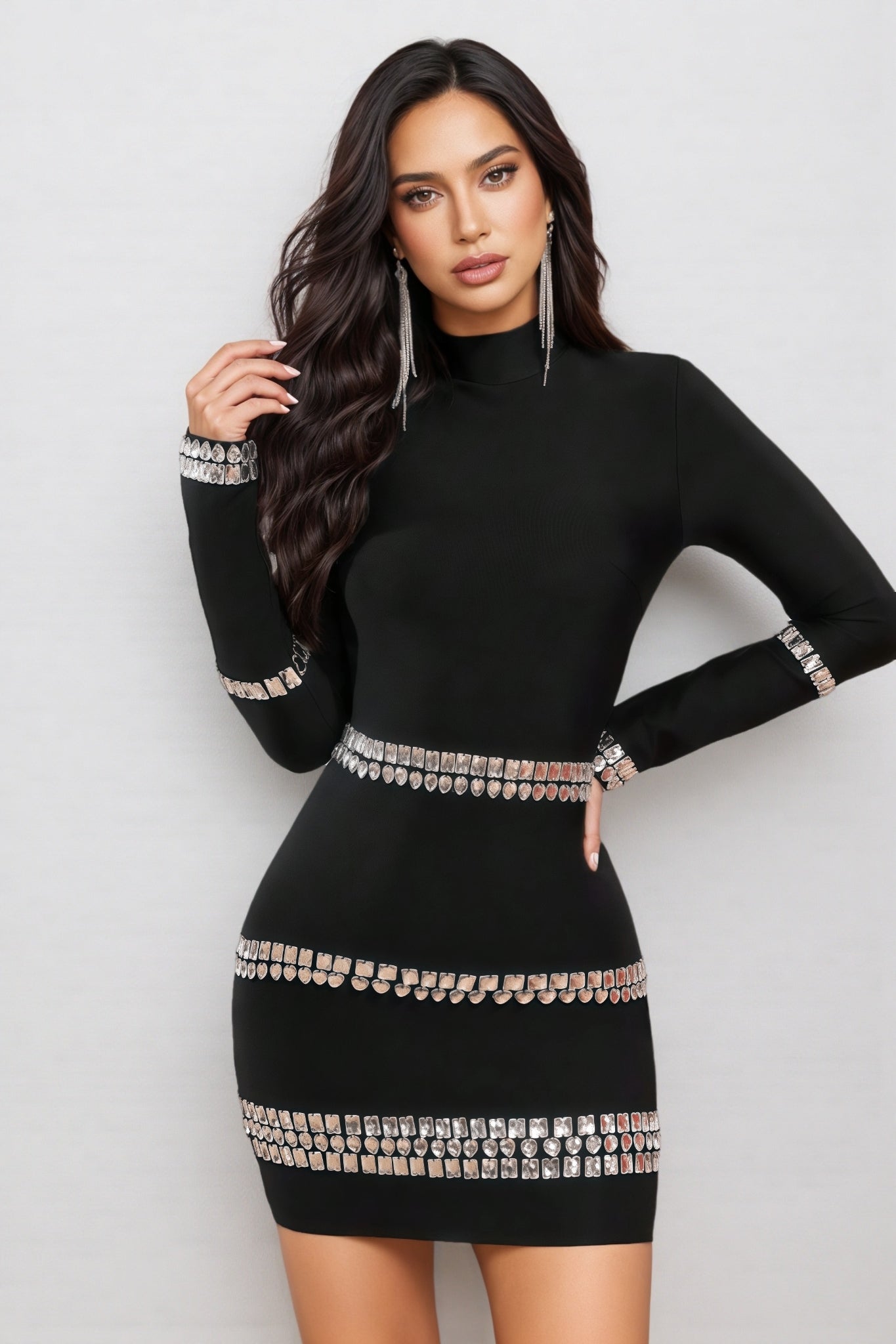 Rhinestone Belt Band Long Sleeve Mock Neck Bandage Mini Dress