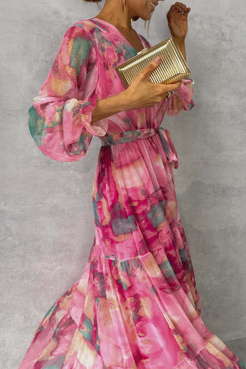 Marble Print Deep V-Neck Ruffle Cuff Tie Waist Tiered Maxi Dress