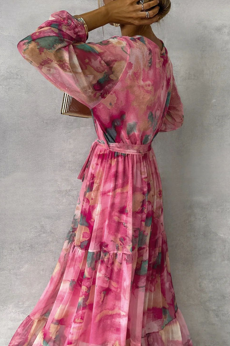 Allegra Exclusive A Line Dresses with Gradient Print, Lace Up, Ruffles and V Neck Elevated Occasion Wear