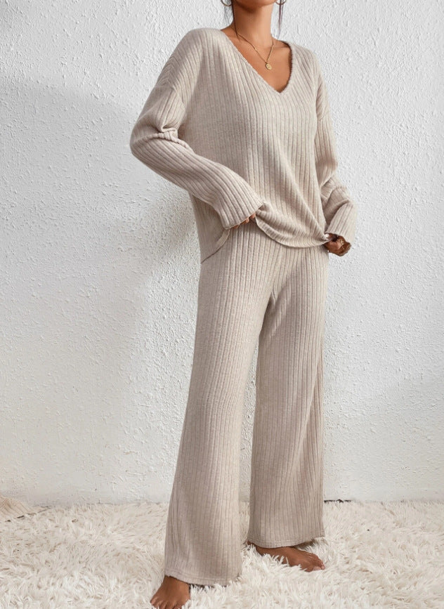 Ribbed Knit V-Neck Long Sleeve Top and Wide Leg Pants Two Piece Set