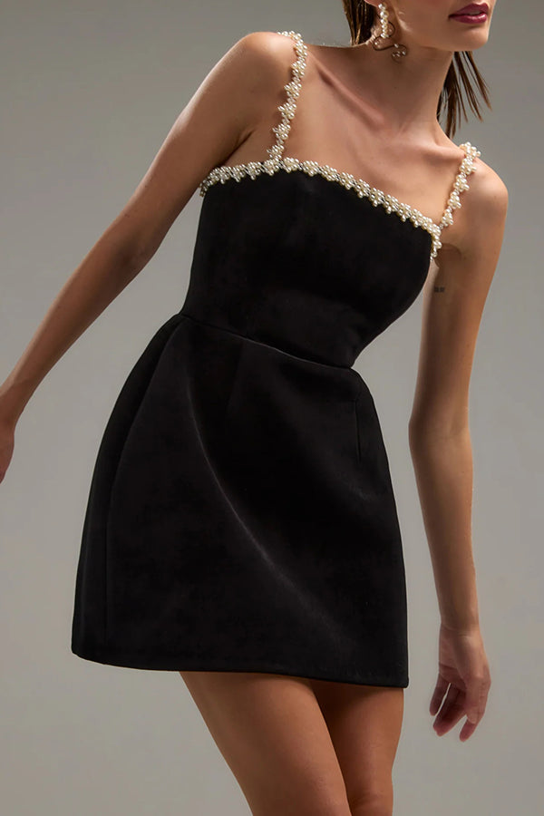 Velvet Faux Pearl Trim Square Neck Strappy Tulip Mini Dress 8