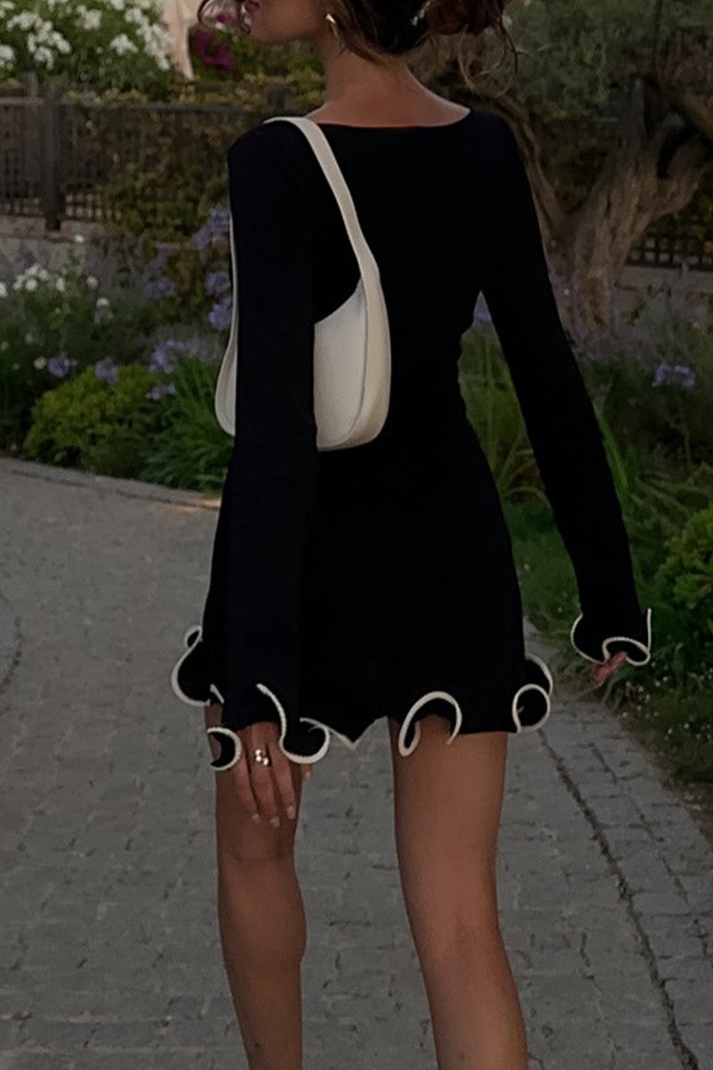 Long Sleeve Round Neck Ruffle Cuff Contrast Trim Bodycon Mini Dress