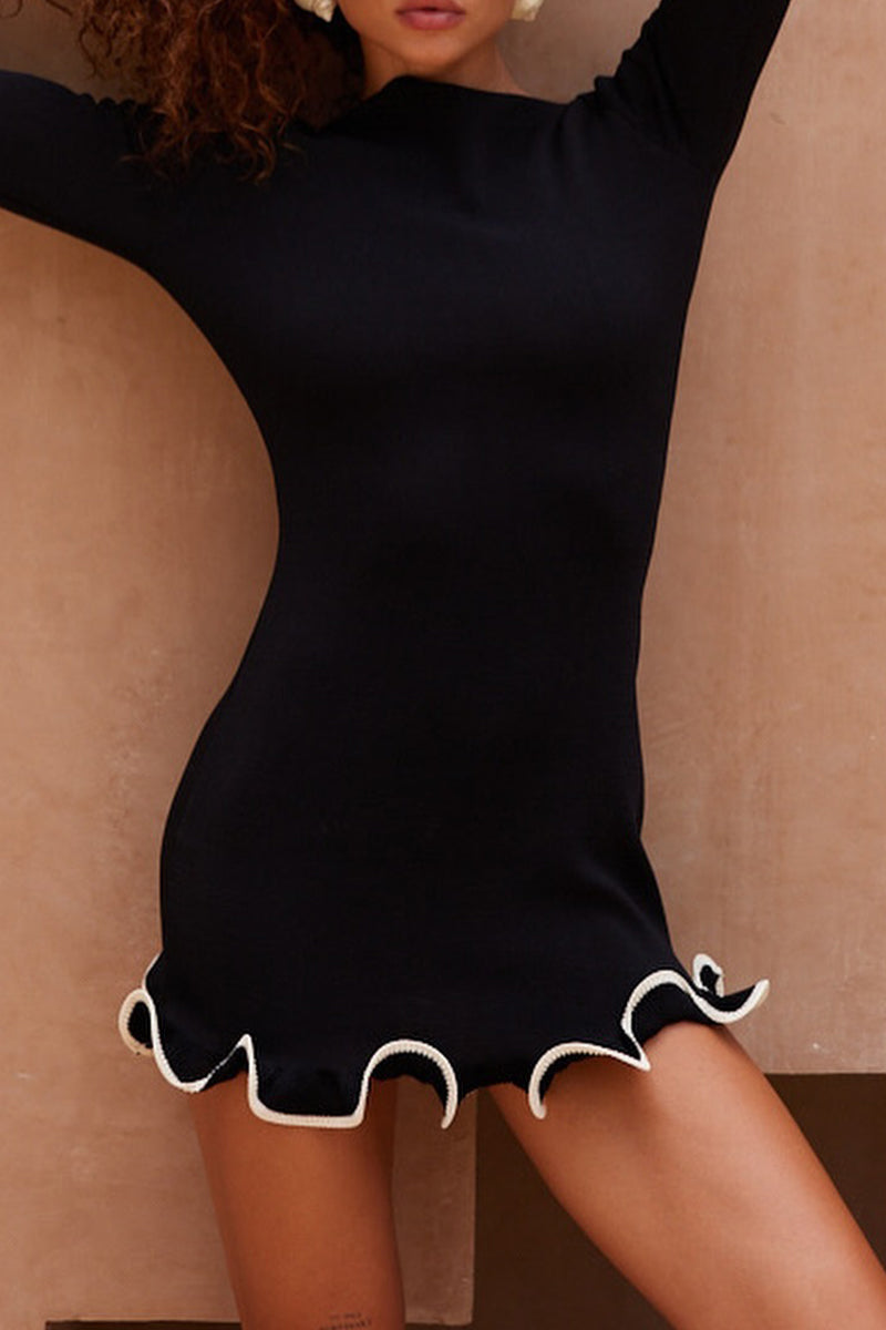 Long Sleeve Round Neck Ruffle Cuff Contrast Trim Bodycon Mini Dress