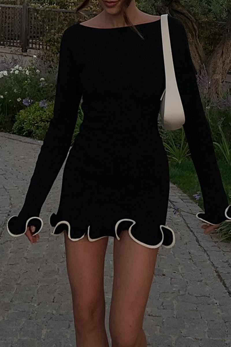 Long Sleeve Round Neck Ruffle Cuff Contrast Trim Bodycon Mini Dress