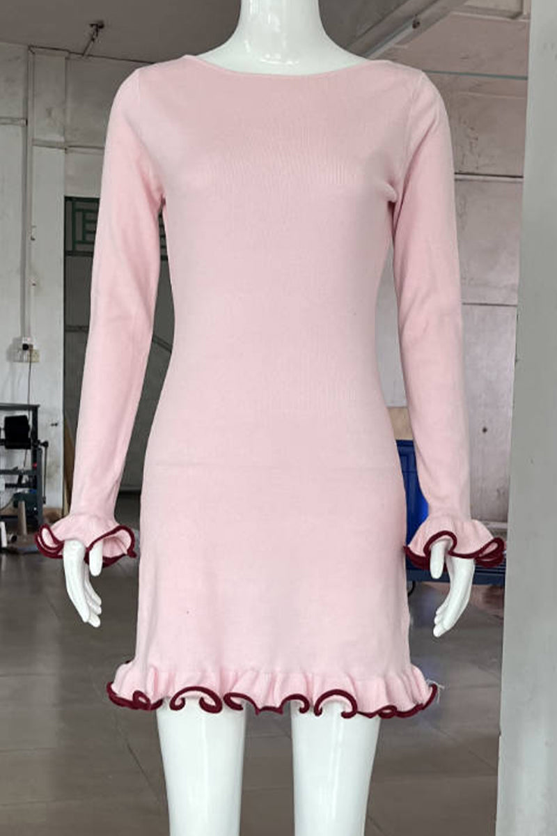 Long Sleeve Round Neck Ruffle Cuff Contrast Trim Bodycon Mini Dress