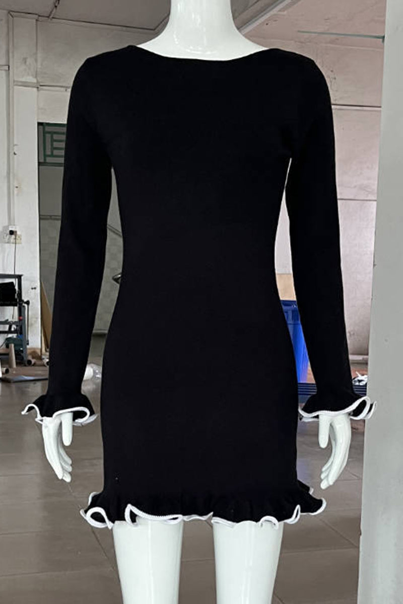 Long Sleeve Round Neck Ruffle Cuff Contrast Trim Bodycon Mini Dress
