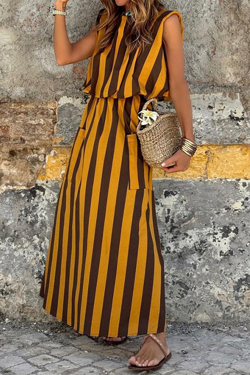 Striped Sleeveless Round Neck Patch Pocket Maxi Dress
