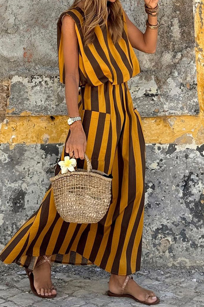 Striped Sleeveless Round Neck Patch Pocket Maxi Dress