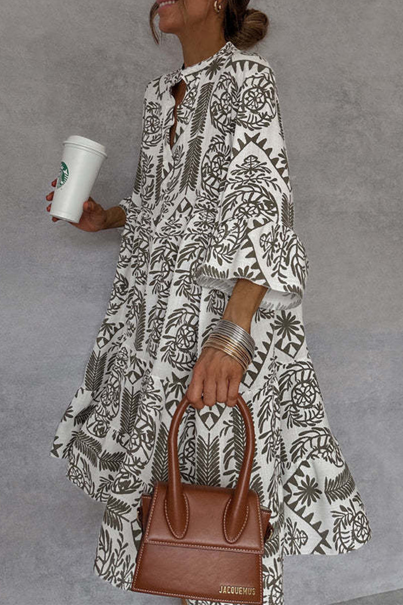 Botanical Print Mandarin Collar Three Quarter Sleeve Tiered Smock Mini Dress