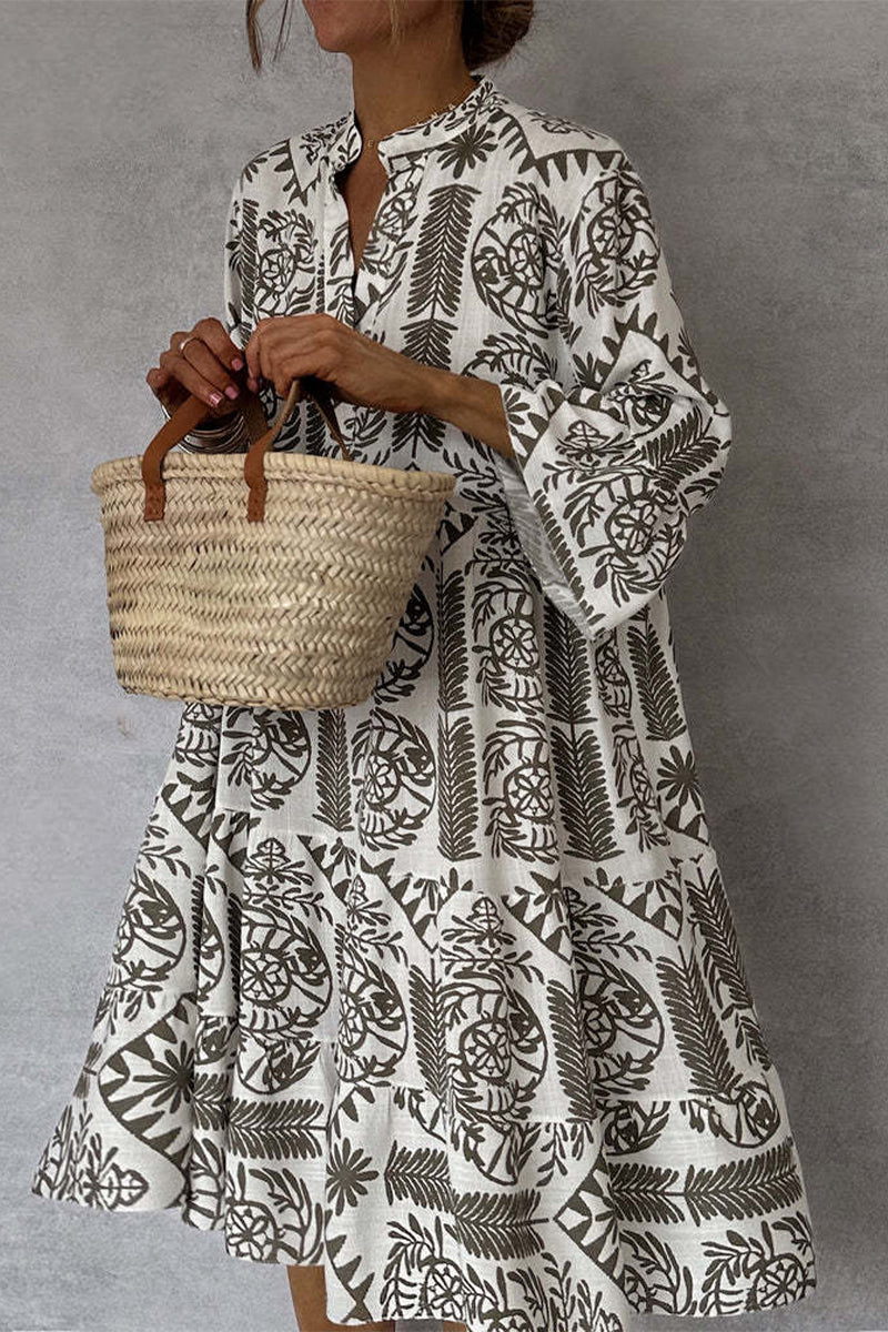 Botanical Print Mandarin Collar Three Quarter Sleeve Tiered Smock Mini Dress