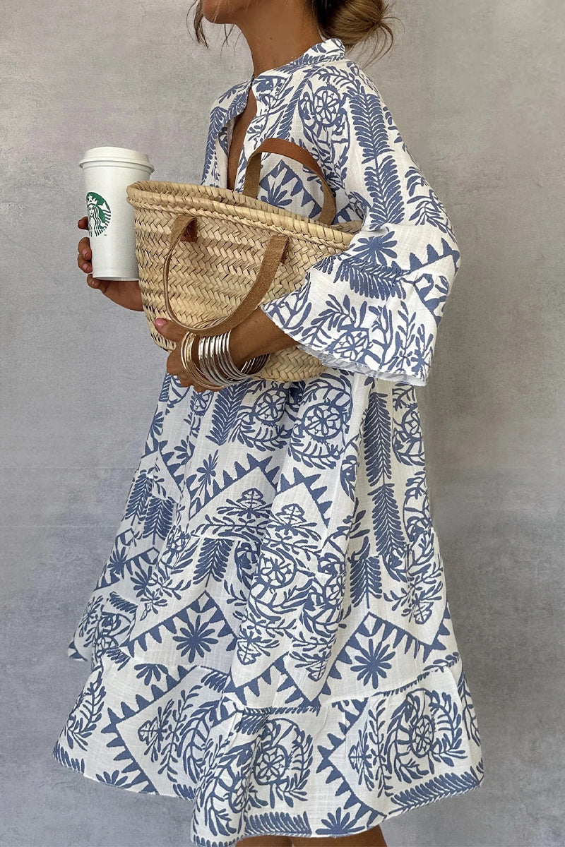 Botanical Print Mandarin Collar Three Quarter Sleeve Tiered Smock Mini Dress