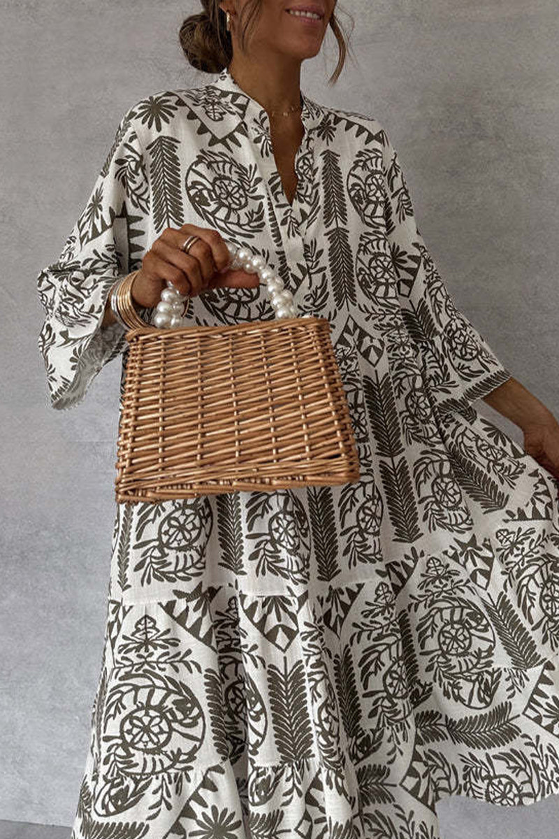 Botanical Print Mandarin Collar Three Quarter Sleeve Tiered Smock Mini Dress
