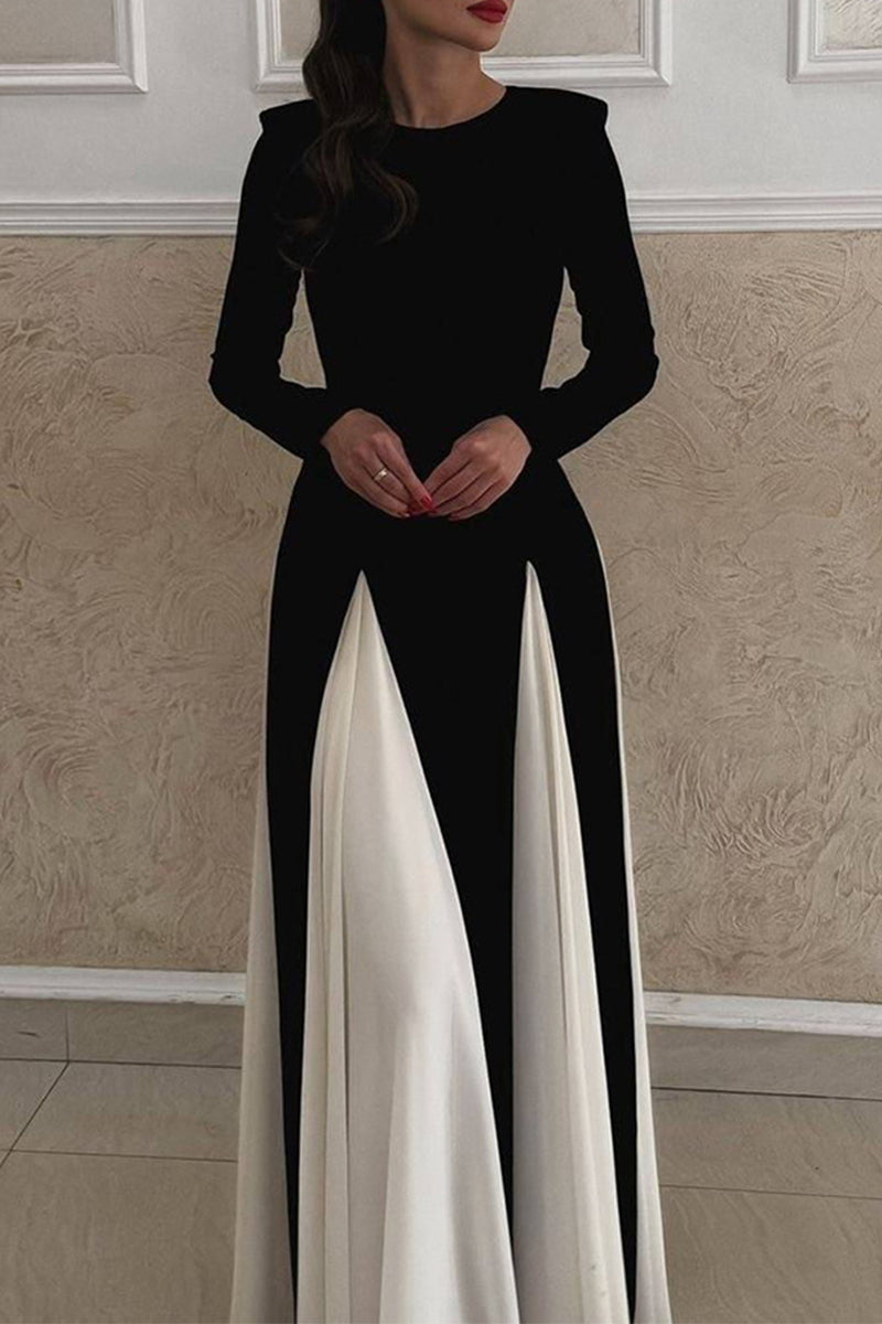 Contrast Godet Panel Long Sleeve Power Shoulder A-Line Maxi Gown