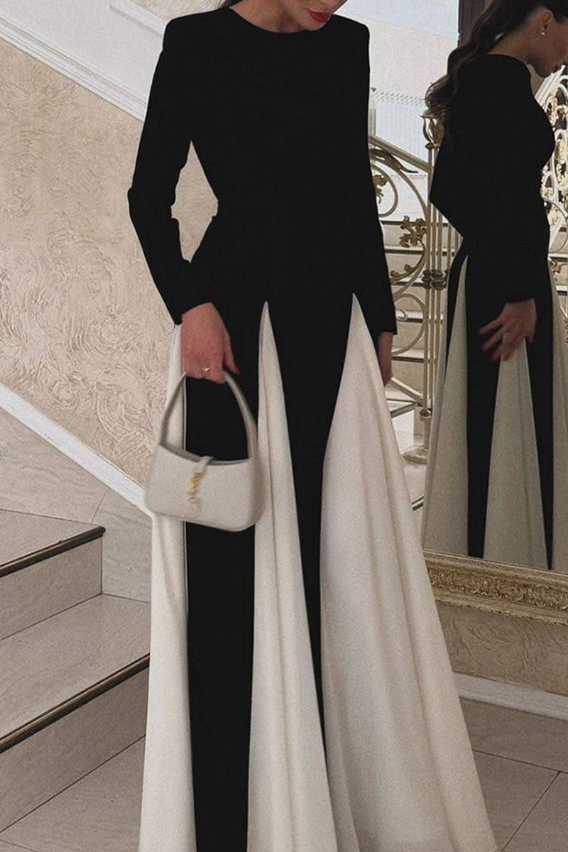 Contrast Godet Panel Long Sleeve Power Shoulder A-Line Maxi Gown