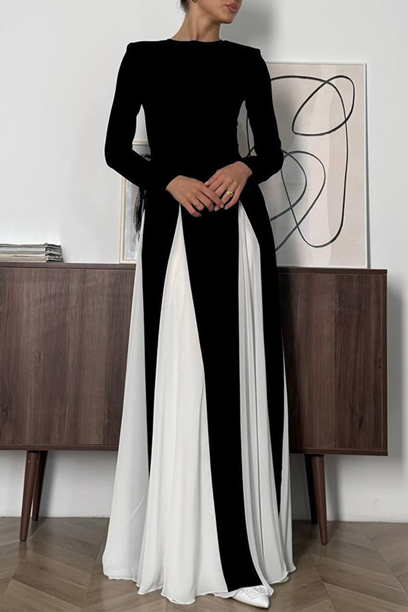 Contrast Godet Panel Long Sleeve Power Shoulder A-Line Maxi Gown