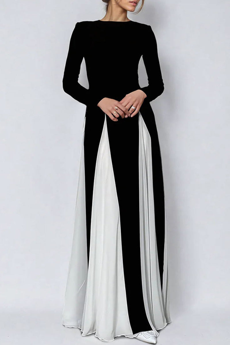 Contrast Godet Panel Long Sleeve Power Shoulder A-Line Maxi Gown