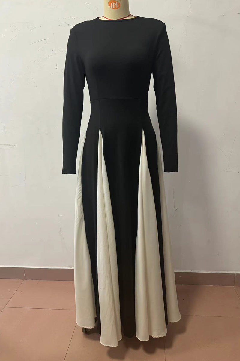 Contrast Godet Panel Long Sleeve Power Shoulder A-Line Maxi Gown