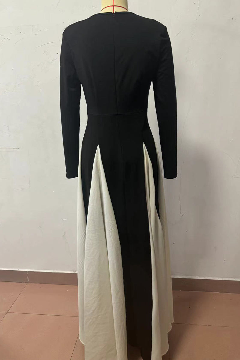 Contrast Godet Panel Long Sleeve Power Shoulder A-Line Maxi Gown