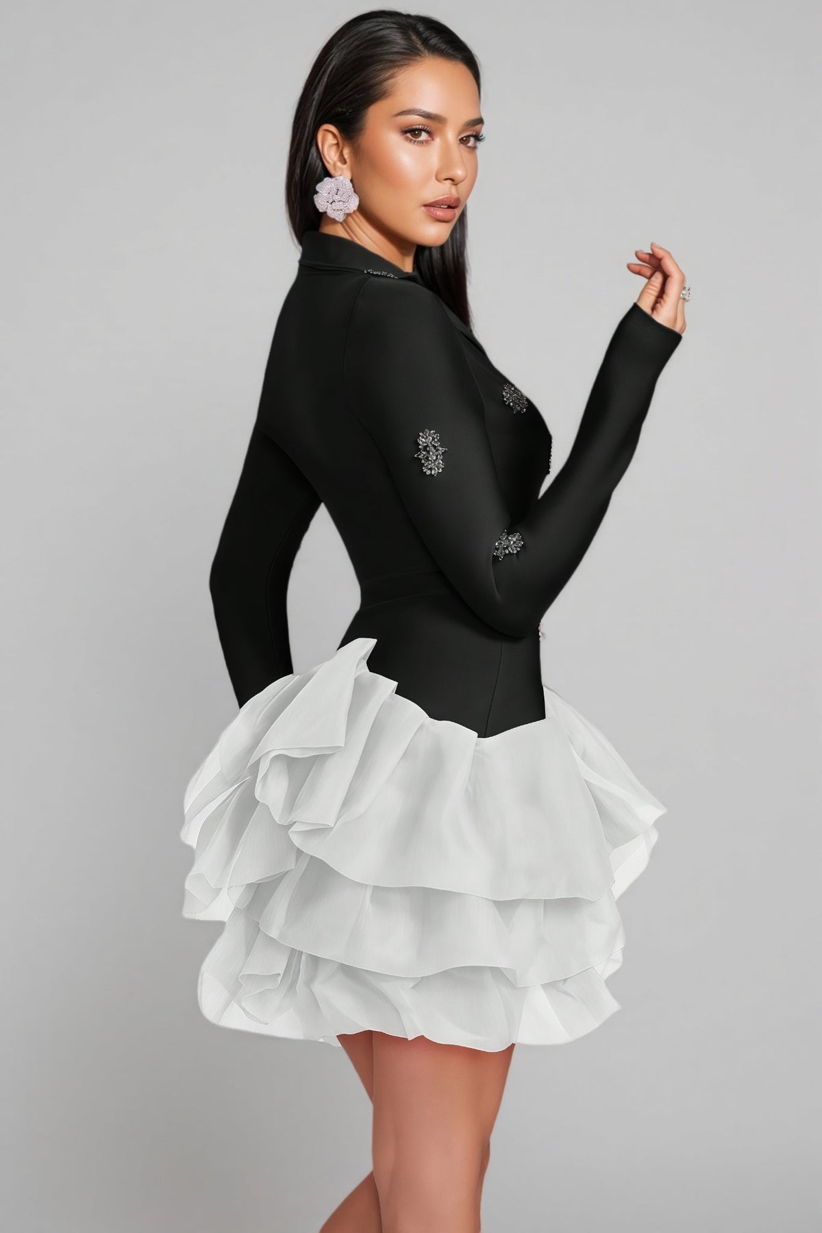 Rhinestone Collared V-Neck Long Sleeve Tiered Ruffle Hem Bandage Mini Dress 5