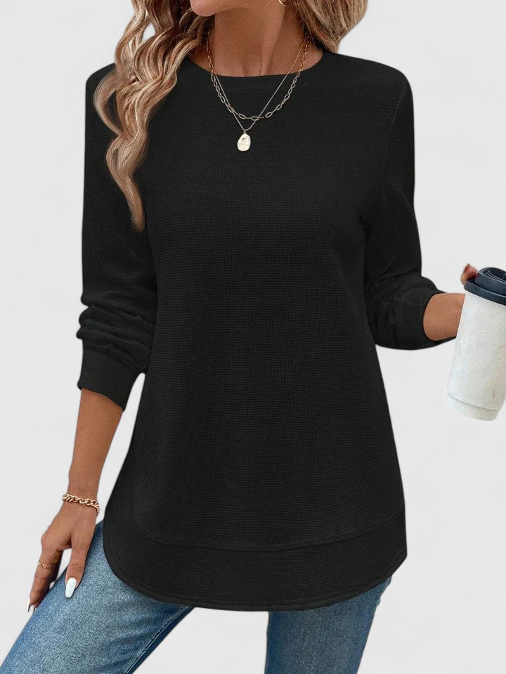 Crew Neck Long Sleeve Waffle Knit Curved Hem Top
