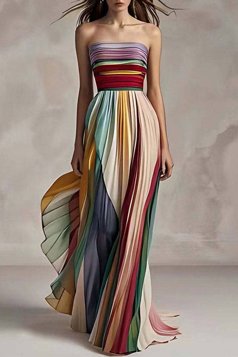 Strapless Pleated Striped Accordion Pleat Floor Length Gown