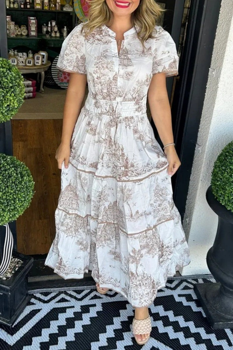 Elena Elevated Casual Printed, Long Basic Dresses with a V Neck Boutique Collection