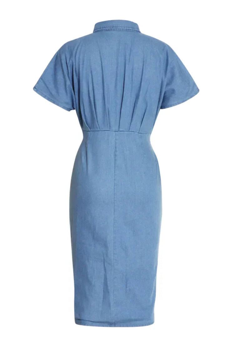 Flor Effortless Ruched Denim Midi Shirt Dress with Knot Detail Statement Occasion Edit