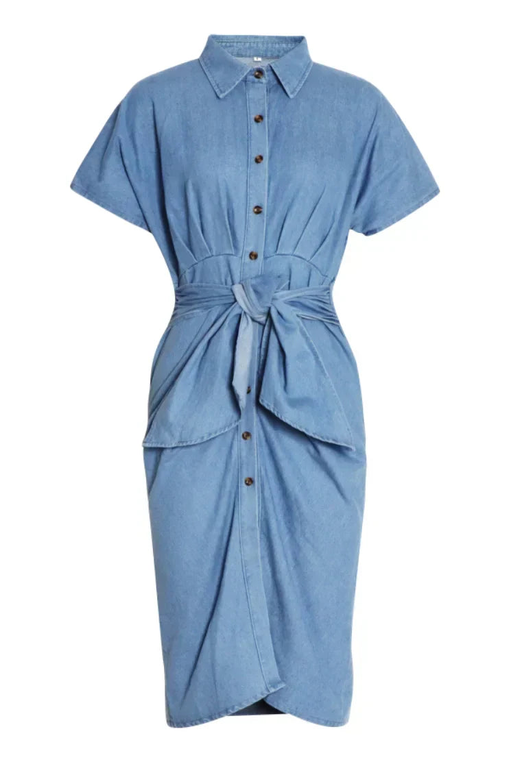 Flor Effortless Ruched Denim Midi Shirt Dress with Knot Detail Statement Occasion Edit