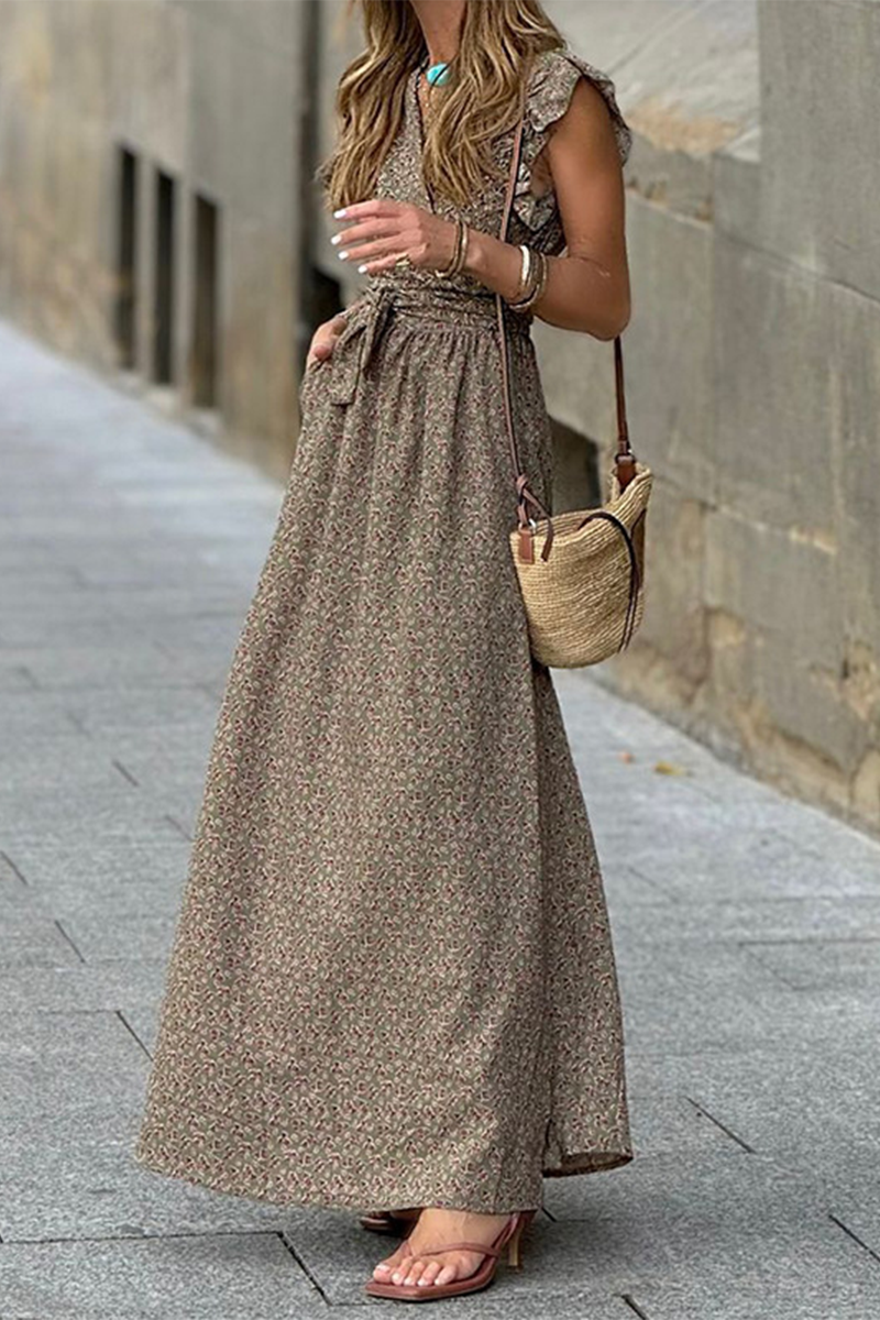 Floral Print Deep V-Neck Ruffle Shoulder Tie Belt Pocket Maxi Dress