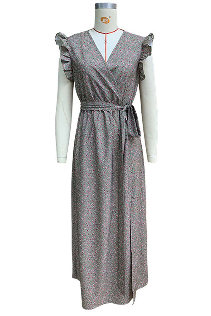 Floral Print Deep V-Neck Ruffle Shoulder Tie Belt Pocket Maxi Dress