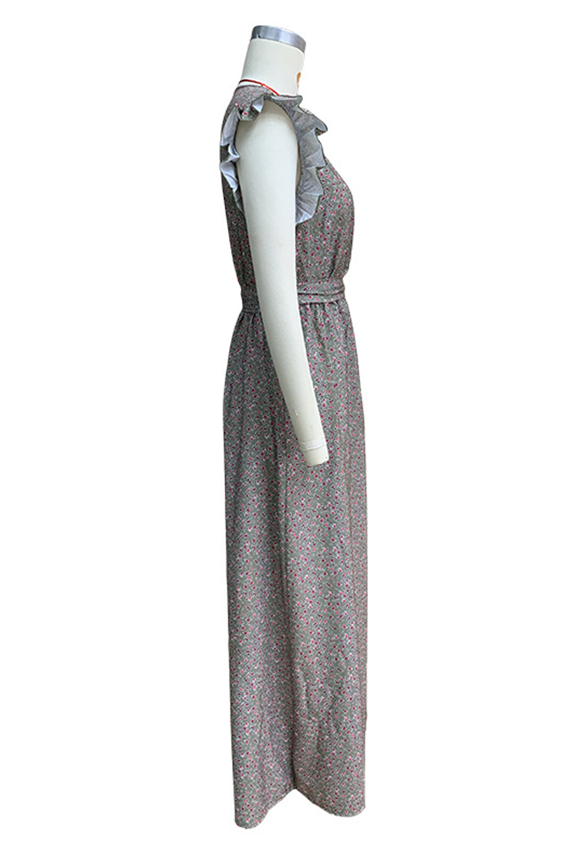 Floral Print Deep V-Neck Ruffle Shoulder Tie Belt Pocket Maxi Dress
