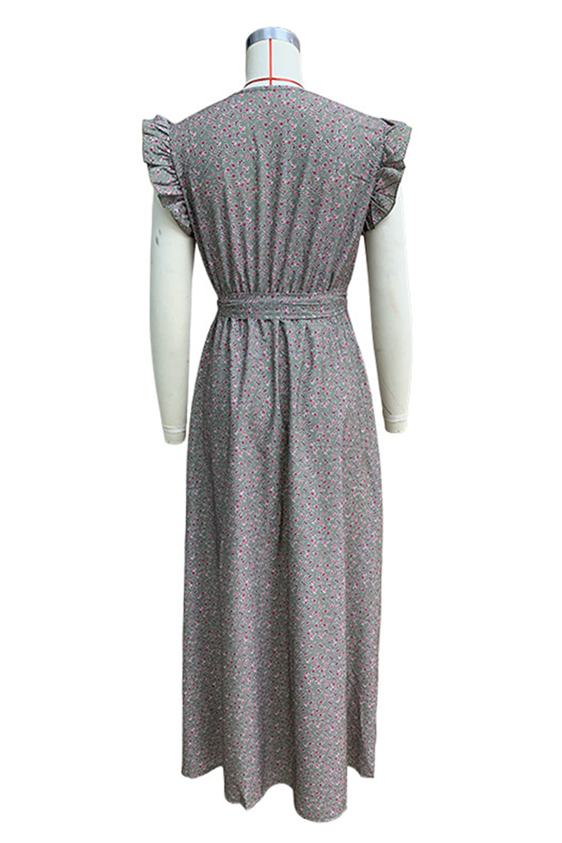 Floral Print Deep V-Neck Ruffle Shoulder Tie Belt Pocket Maxi Dress