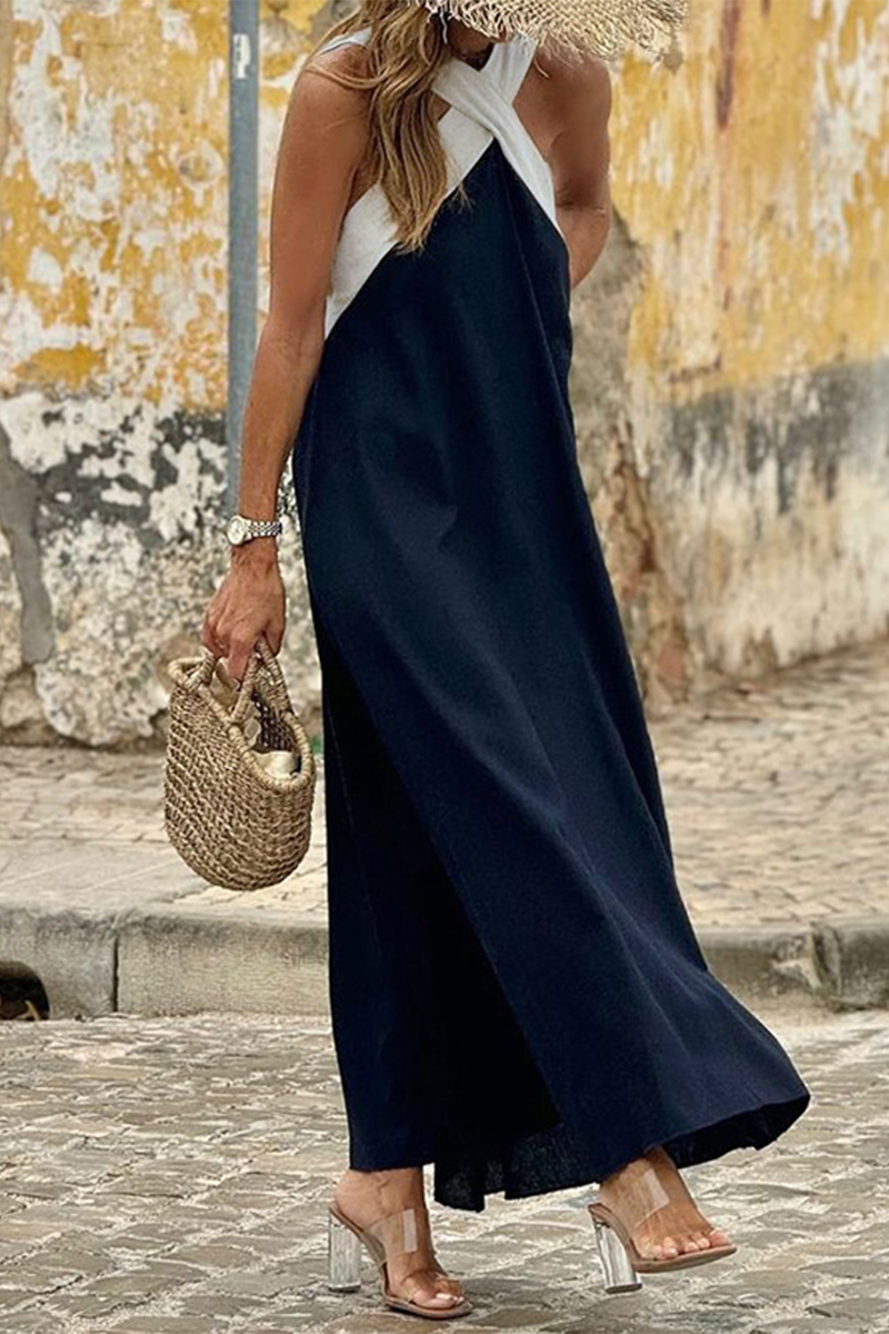 Ximena Minimalist Casual Sling Dresses with Patchwork Contrast and V Neck Boutique Dress Collection
