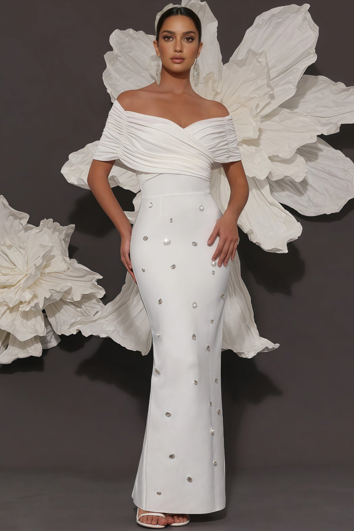 Off Shoulder Ruched Wrap Bodice Rhinestone Embellished Bodycon Maxi Dress