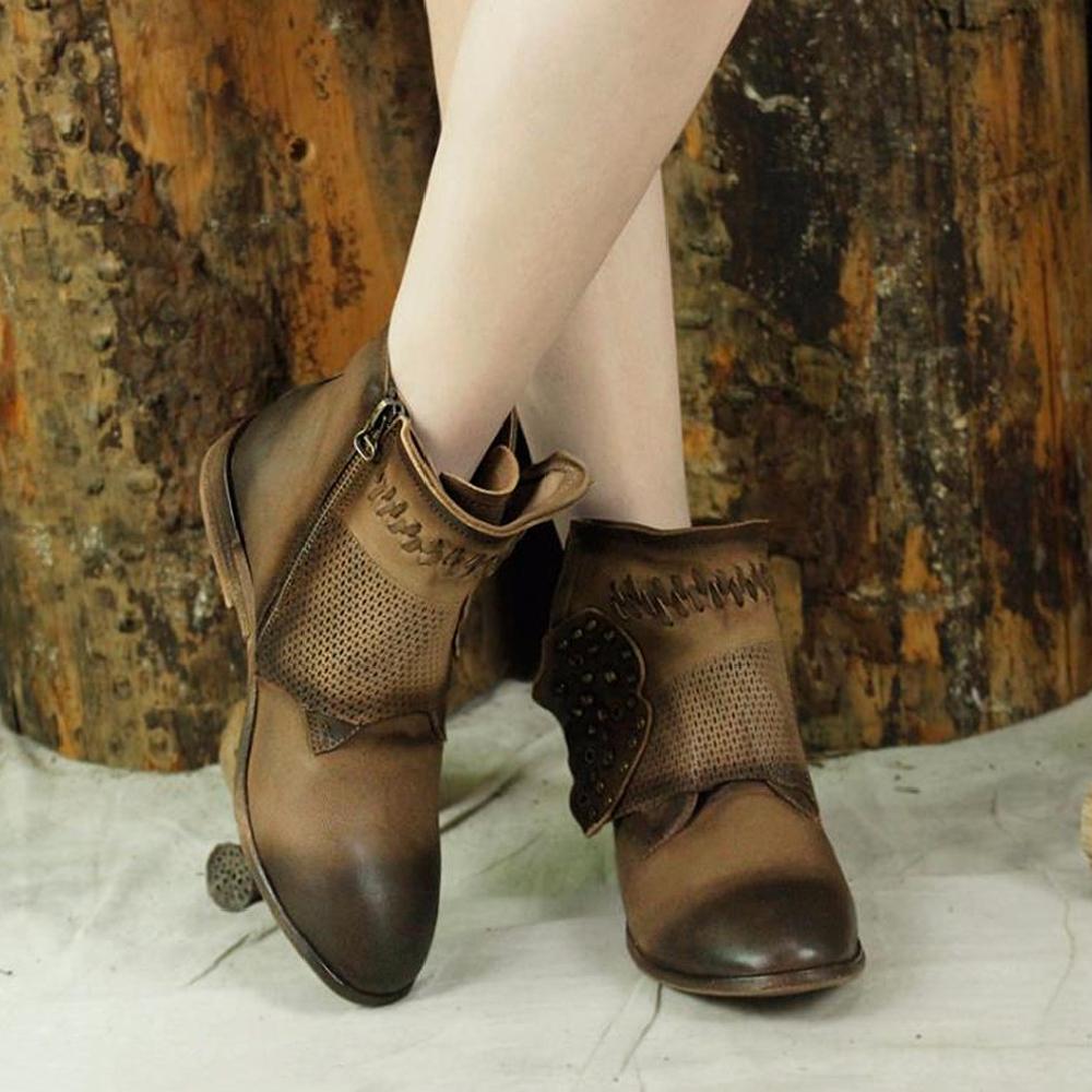 Women Booties Sheepskin Leather Short Ankle Boots For Women Low Heel Brown