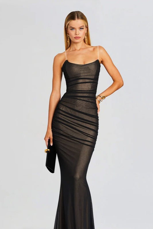 Sheer Gold Ruched Mesh Bustier Bodycon Dress