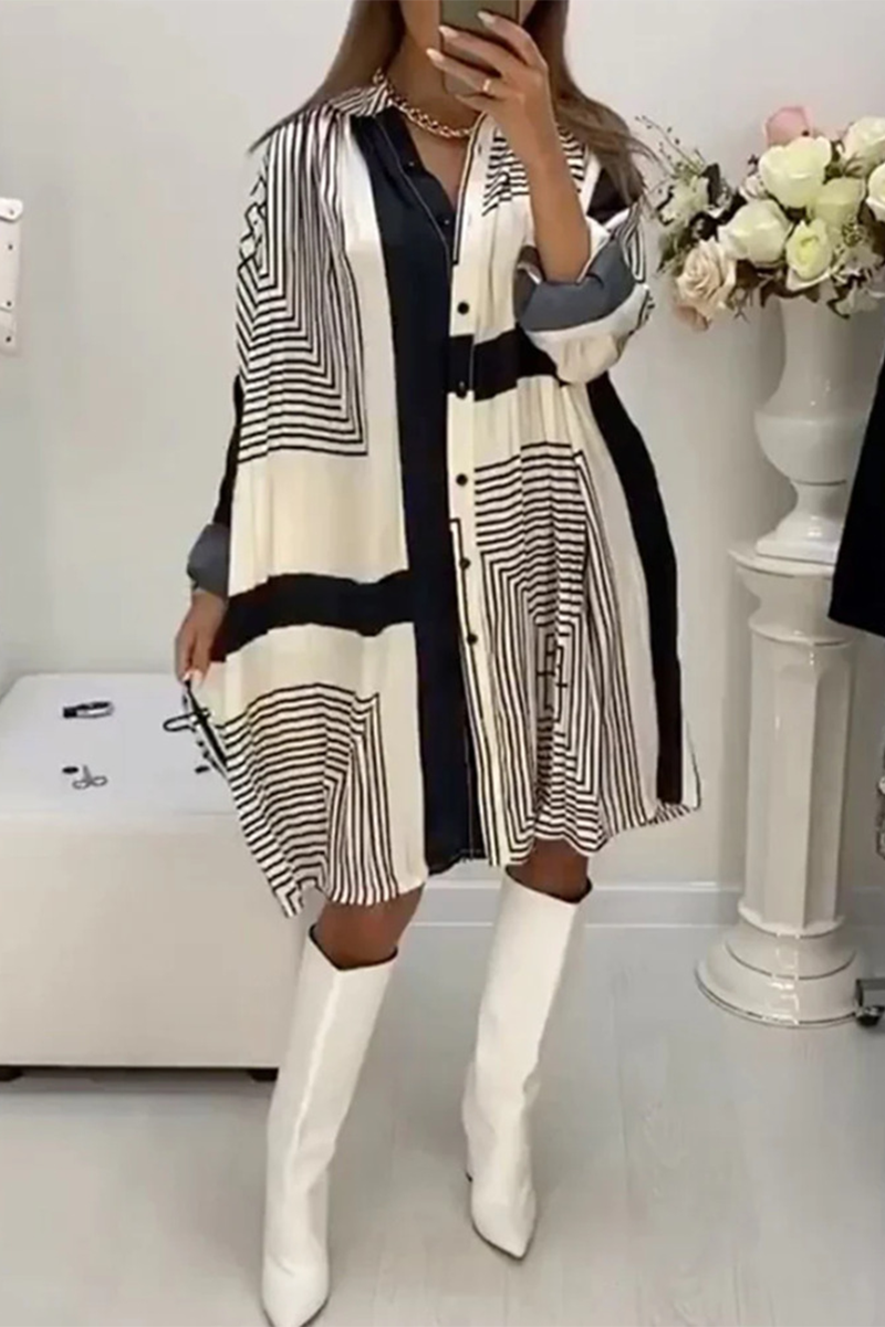 Melanie Aesthetic Casual Shirt Dresses with Stripe Buttons and Contrast V Neck (3 Colors) Boutique Collection